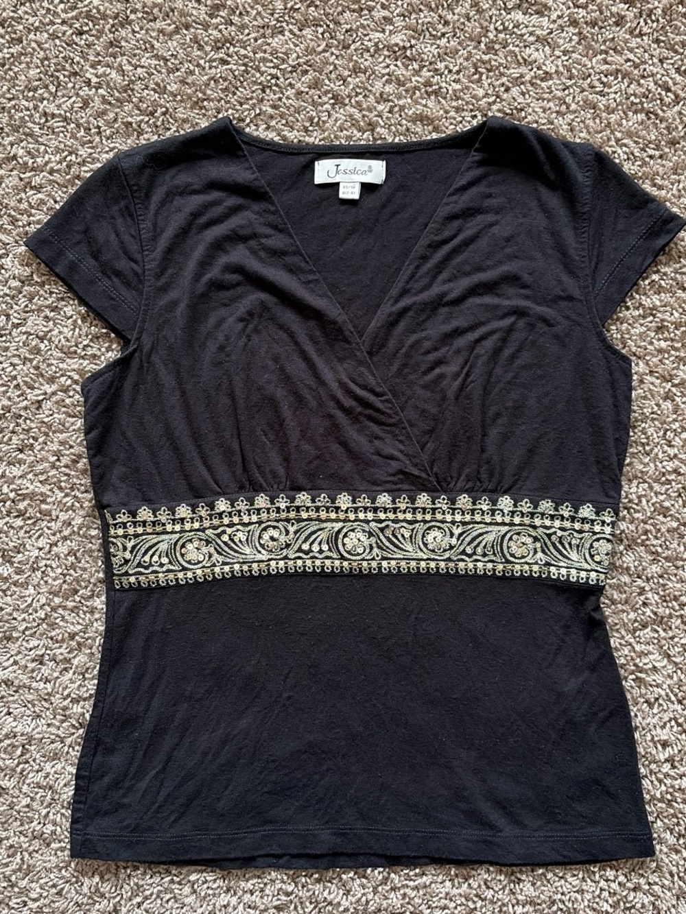 Jessica Black Short-Sleeve V-Neck Top with Gold Embroidery